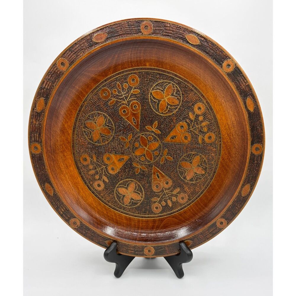 Large VTG Polish Wooden Plate Talerz Inlaid Brass Handmade Poland